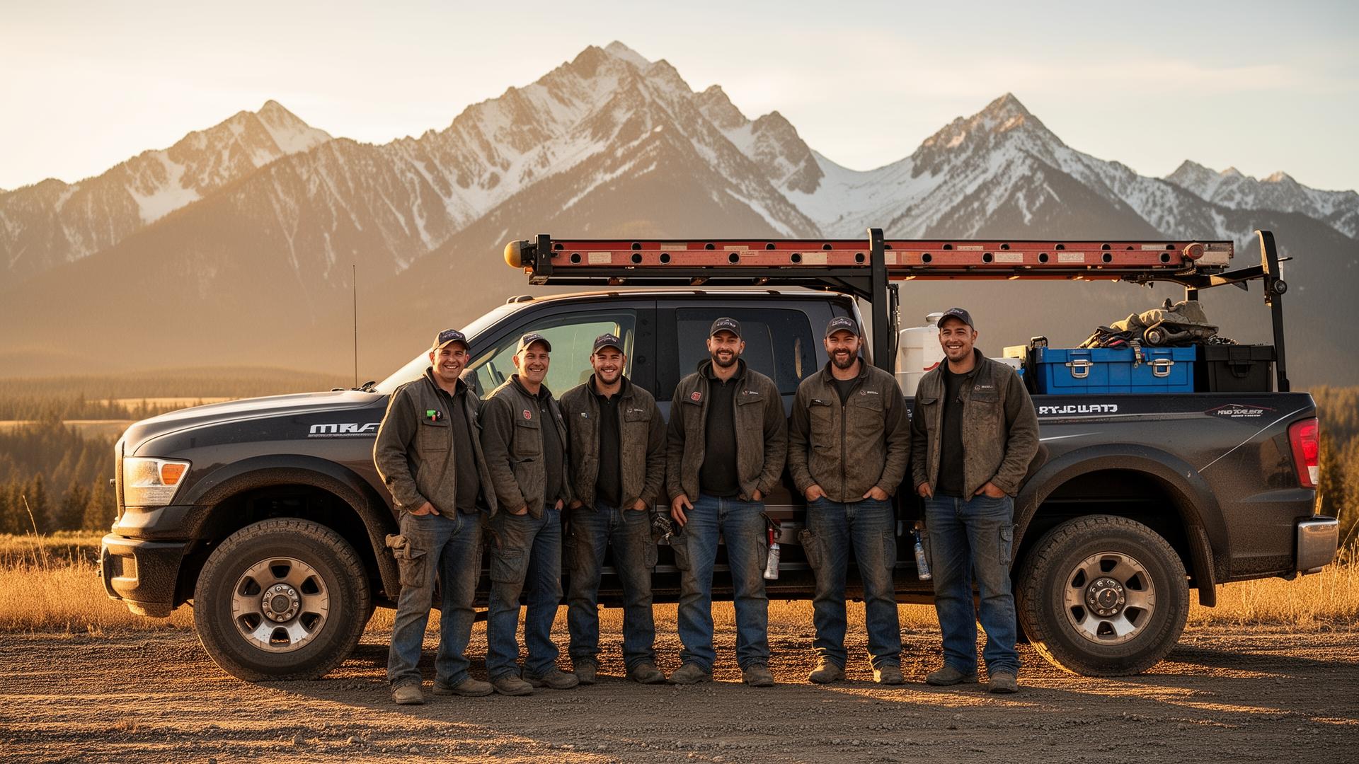 Peak Insulation crew standing in front of a work truck with the Cabinet Mountains behind them